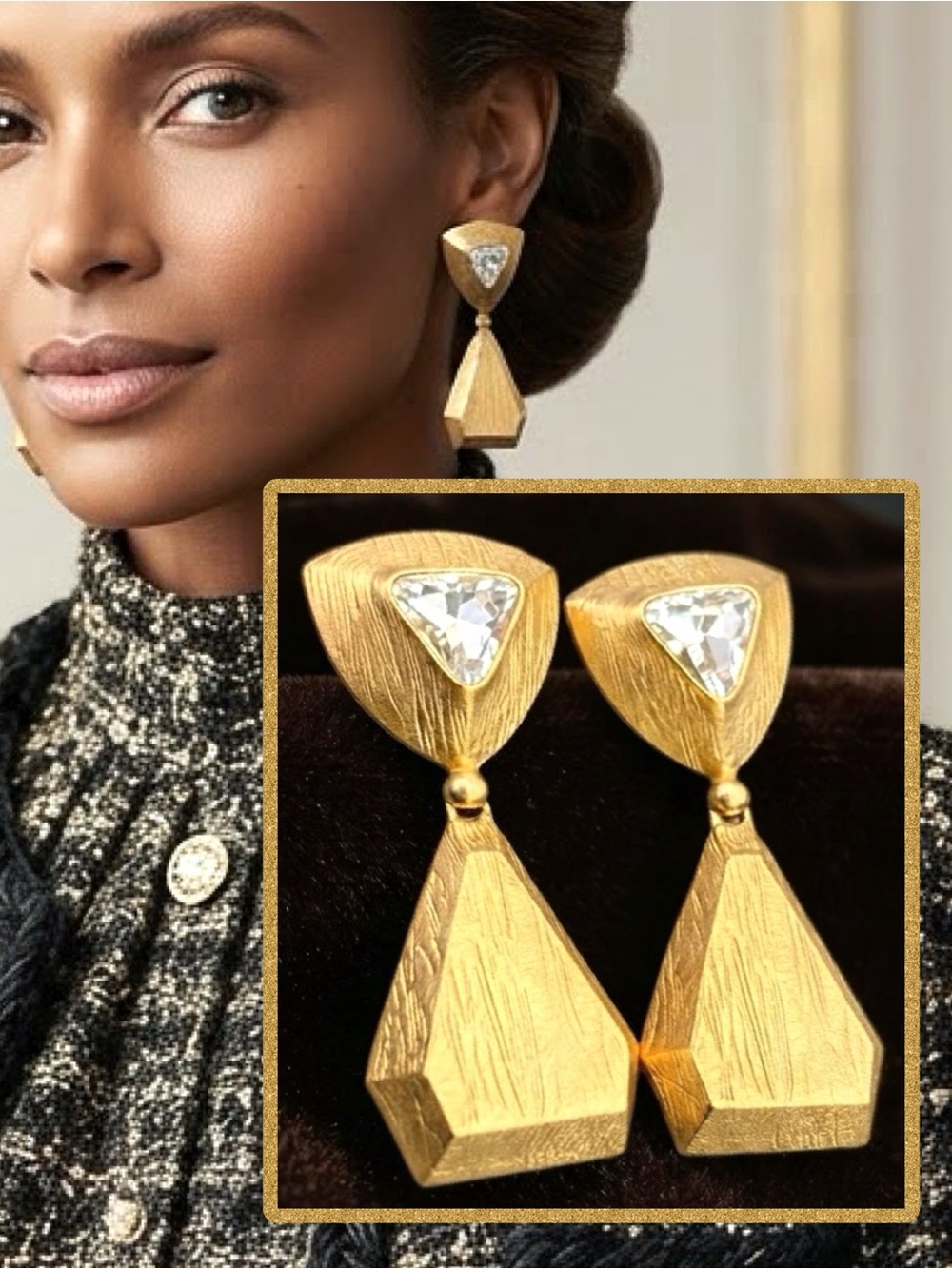 Yves Saint Laurent YSL Geometric Textured Drop Earrings ✨SIGNED✨GoldTone✨CLIP ON